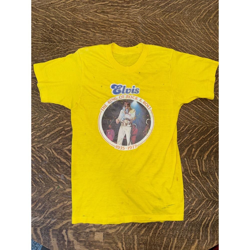 Vintage 1977 Elvis Presley King of Rock Roll T-Shirt Yellow Single Stitch XS